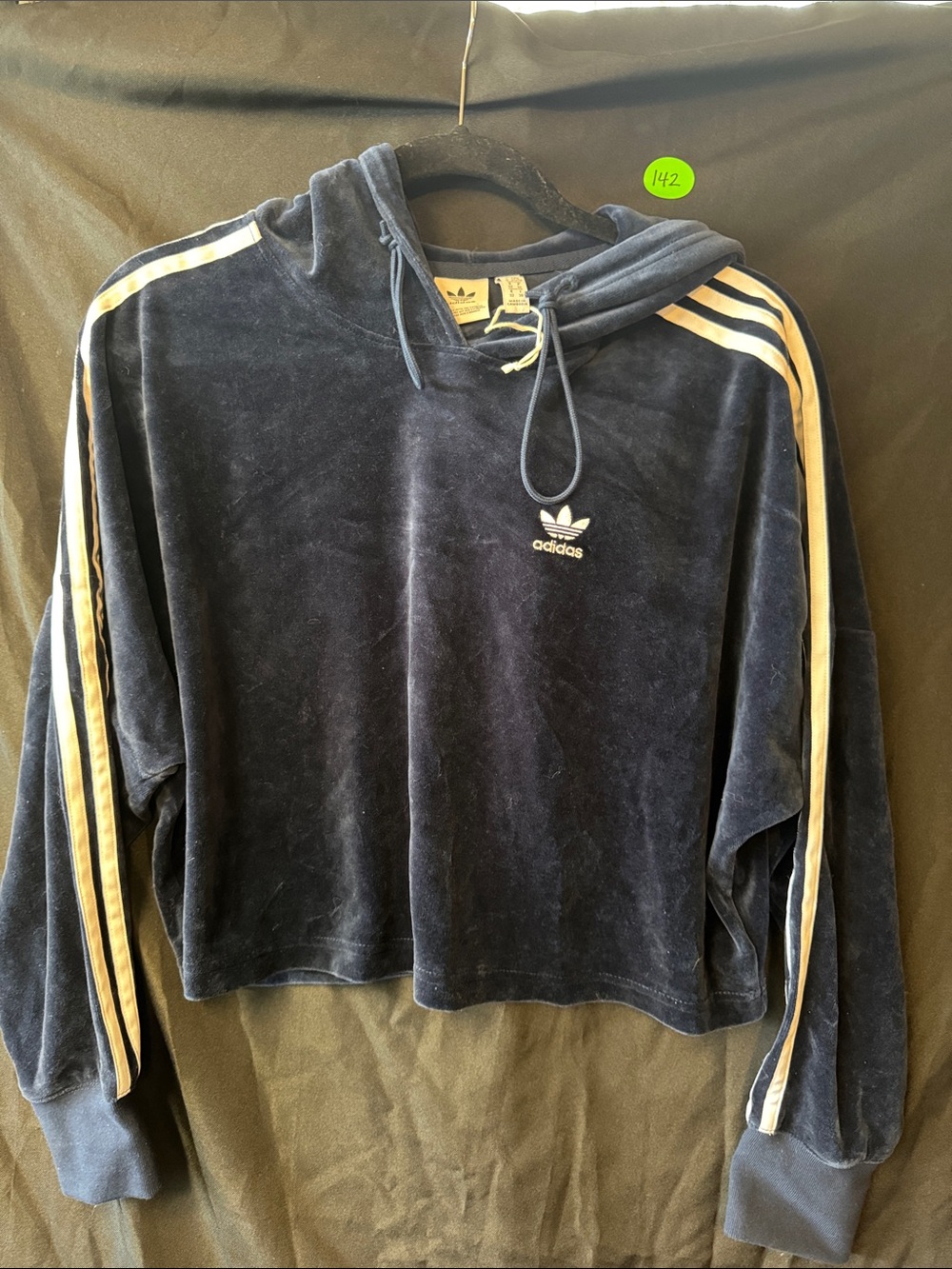 Adidas Navy Velour Hoodie with White Stripes